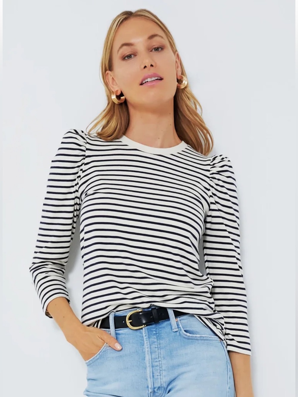 Tuckernuck Pomander Place Navy Stripe 3/4 Sleeve Vesty Crewneck Top Sz. M